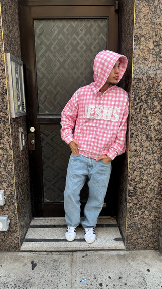PINK GINGHAM 'JESUS' ZIP UP