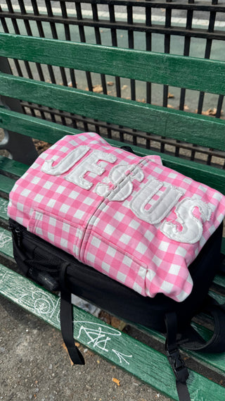 PINK GINGHAM 'JESUS' ZIP UP