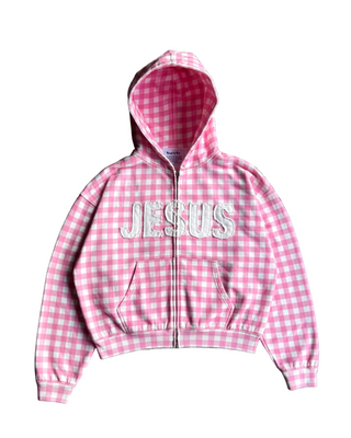 PINK GINGHAM 'JESUS' ZIP UP