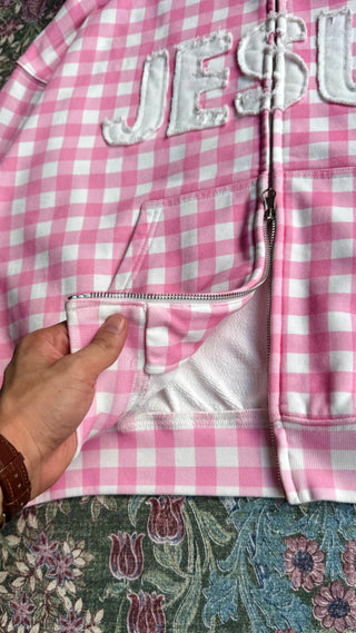 PINK GINGHAM 'JESUS' ZIP UP