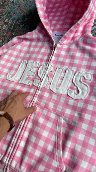 PINK GINGHAM 'JESUS' ZIP UP
