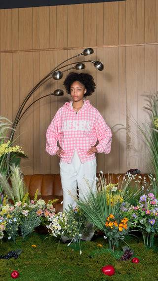 PINK GINGHAM 'JESUS' ZIP UP